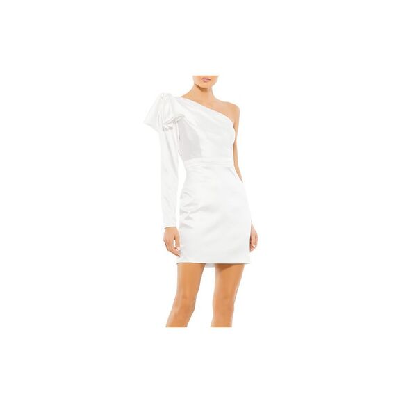 NWT IEENA MACDUGGAL Womens White One Long Zip Sleeve With Bow Mini Dress 6 - Picture 1 of 4